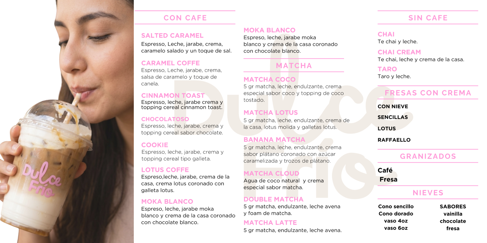 Menú original de Dulce Frío con café, matcha, bebidas sin café, fresas con crema, granizados y nieves