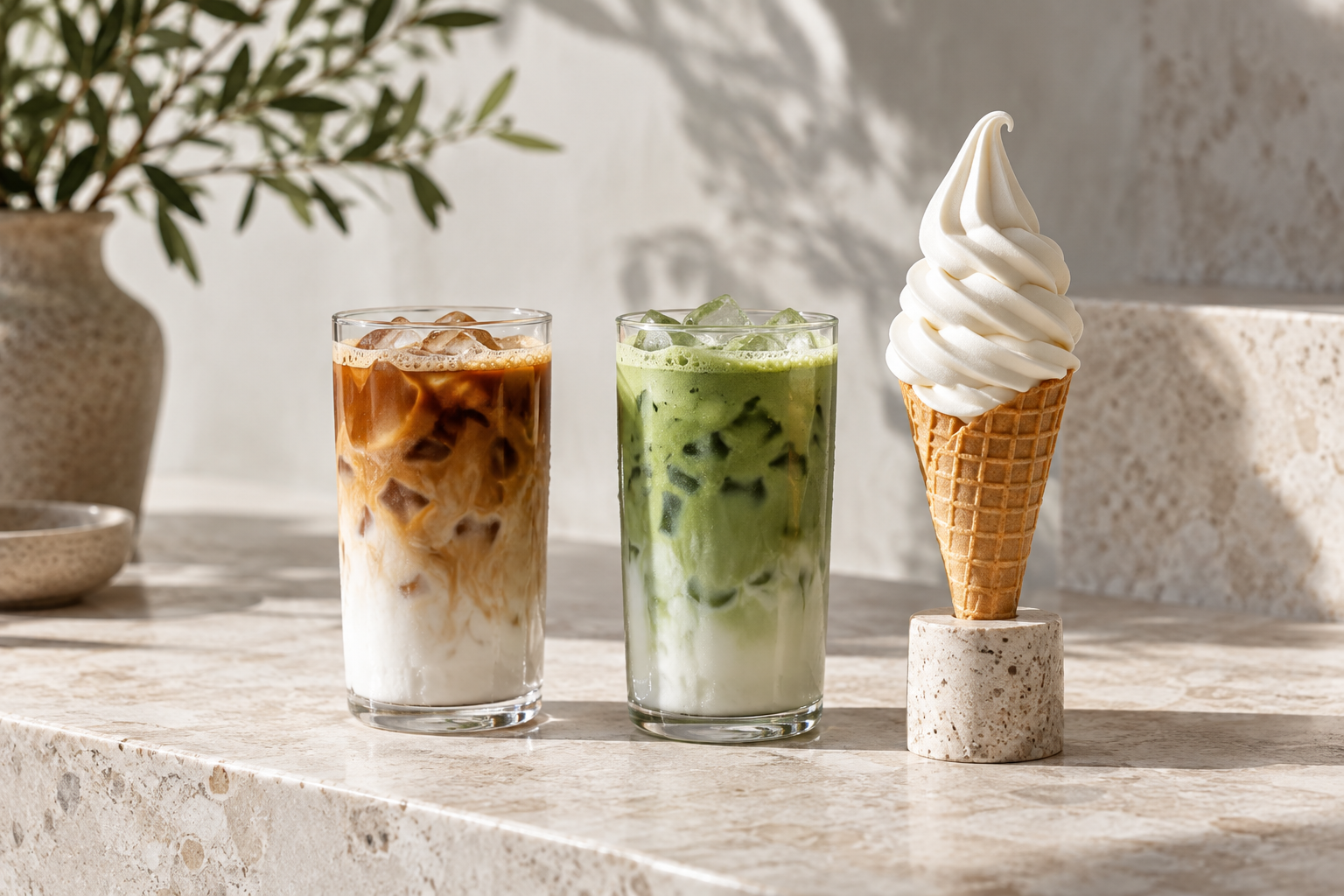Café frío, matcha y helado suave